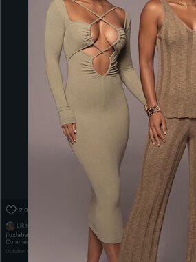 Long Sleeve Cutout Midi Dress in Khaki - New